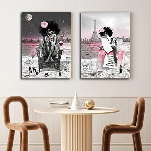 Стенен декор в рамката за черни Момичета в афроамериканском стил, Жена в Розово-Сива Баня На плажа, Айфеловата кула,