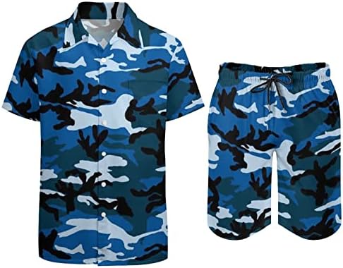 Мъжки плажни дрехи WEEDKEYCAT Синьо Камуфляжного цветове от 2 теми, Хавайска Риза с копчета с Къс ръкав и къси Панталони, Комплекти за Торса
