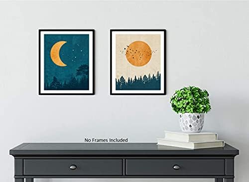 Стенен декор Слънце и Луна -Комплект от 2 елементи без рамки (8x10 инча) - Стенен декор Слънце и Луна, Син Абстрактен