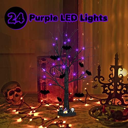 PEIDUO 2-подножието Черна коледна Елха на Хелоуин с 24 Лилави светлини и 8 Украса за Хелоуин в формата на прилеп Осветите