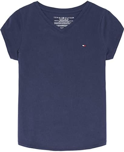 Однотонная тениска с V-образно деколте и къс ръкав Tommy Hilfiger за момичета, бродирани логото и дизайн, без етикети,