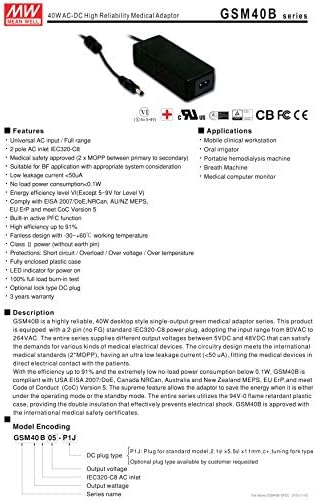 Медицински адаптер висока надеждност на MEAN WELL GSM40B24-P1J 24V 1.67 A 40W AC-DC