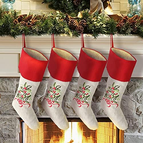 Коледни Чорапи, Опаковки от 4 Уникални Смеси от Естествен Лен, Класически Големи Коледни Чорапи с Цветна Бродерия за