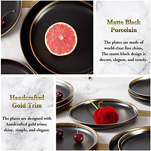 Чинии за вечеря от матово черен порцелан DUJUST, 6,5 инча, луксозен дизайн със златно покритие, ръчно изработени, лесно се мият, са идеални за салати, / макарони/ стек / тор