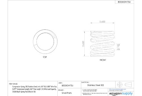 Пружина за компресия, Неръждаема Стомана 302, Инч Външен диаметър 0,6, 0,085 Размерът на тел Дължина в свитата 1,928