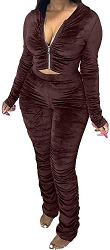 Женски спортен костюм CCIGO с дълъг ръкав, Комплект от 2 теми, Velvet Съкратен Топ с цип с Волани, Hoody и Панталони