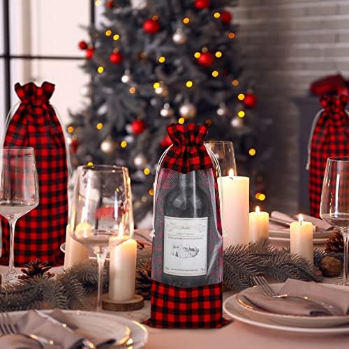 MIMIND 12 Опаковки, Коледни мешковинных пакети за вино с прозрачен прозорец, Подарък пакет в червено и черна клетка от
