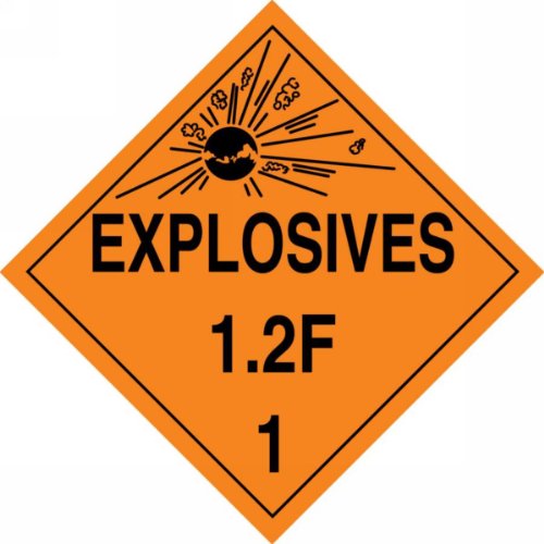 Пластмасов плакат Accuform MPL114VP25 клас на опасност 1 /подклас 2F Взривни вещества 1.2 F 1 с графично изображение, ширина 10-3/4 инча x дължина 10-3/4 инча, черно върху оранжево (опа?