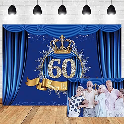 OERJU 12x8 фута С 60-тия Рожден Ден на Фона на Синьо Завеса Разкошна Златна Корона Фон За Снимки Момче Мъж Честване на