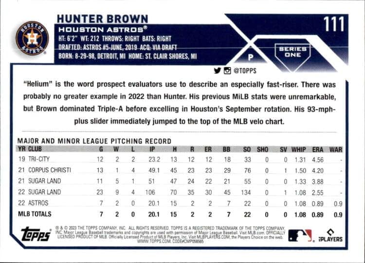 2023 Topps #111 Хънтър Браун RC Нов Хюстън Астрос Серия 1 Бейзболна картичка MLB