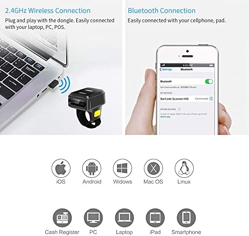 Alacrity 2D Безжичен Околовръстен баркод скенер, Лаптоп с Bluetooth-Носене Скенер за четене на баркодове Finger 1D 2D