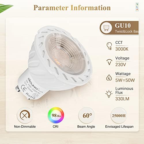 Led лампа DiCUNO ProOE GU10 с висок CRI 98, еквивалент халогенни 50 W, Защита на очите, без да примигва, Топъл бял 3000