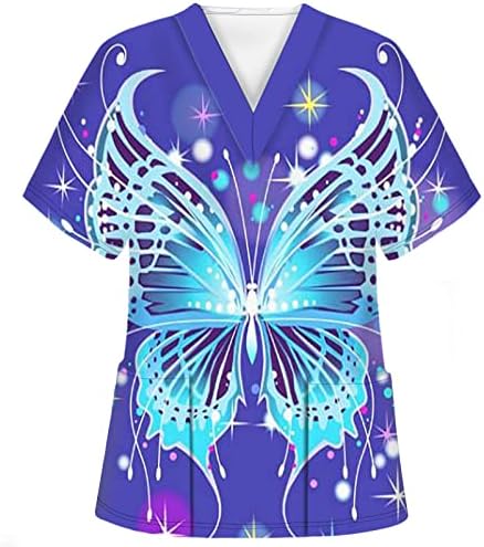 Дамски блузи и Блузи с Флорални Принтом, V-образно деколте, Къс ръкав, Широки Плажни Тениски, Блузи-Ексфолианти с джоб